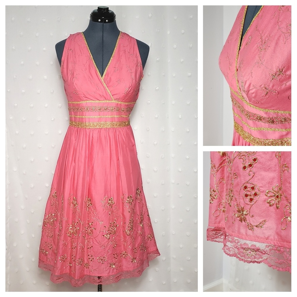 EXPRESS Metallic Embroidered Pink V-Neck Dress